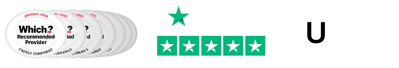 The UK's most awarded energy supplier banner showing we've been Which? Recommended 7 years in a row, Excellent on Trustpilot and Uswitch Supplier of the Year