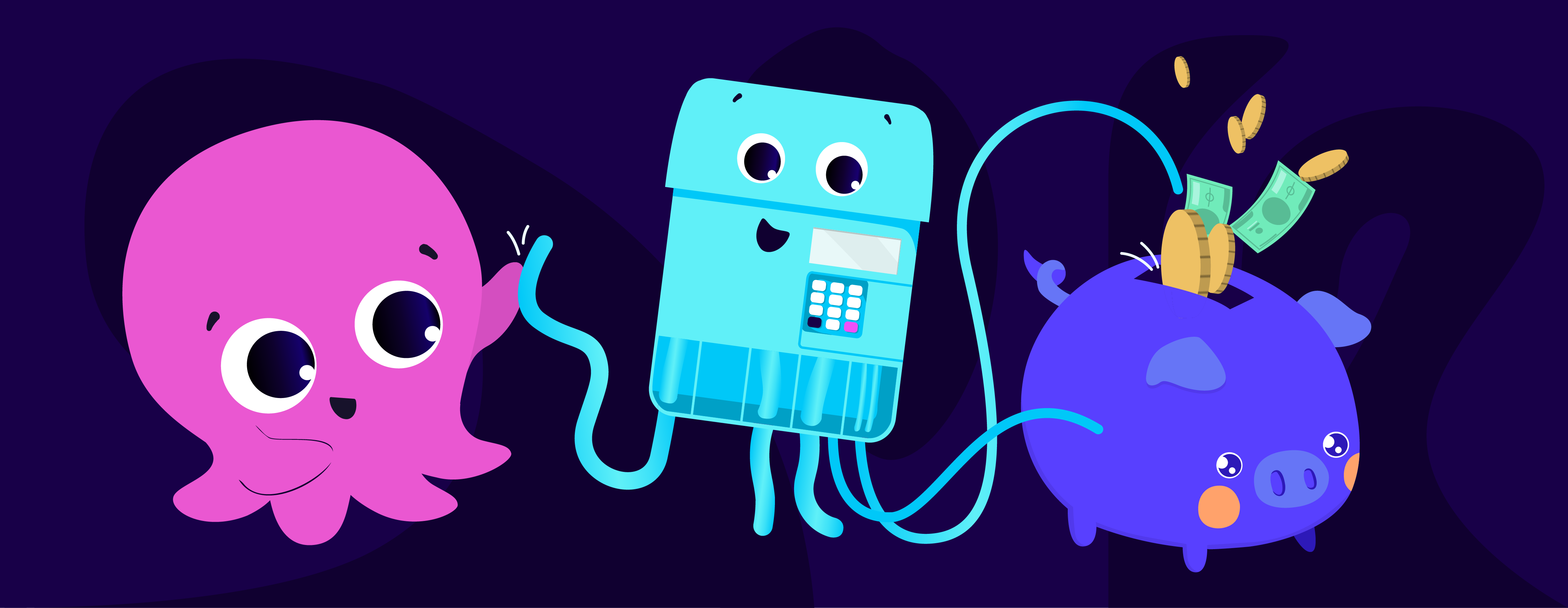 Illustration of Octopus energy mascot, smart meter, and a piggy bank