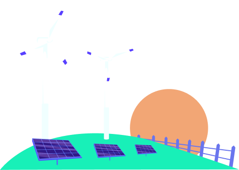 Wind turbines and solar panels on a grassy hill with a fence, against a rising or setting sun.